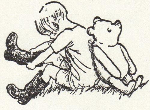 Sketch of Christopher Robin & Pooh Bear sitting back to back